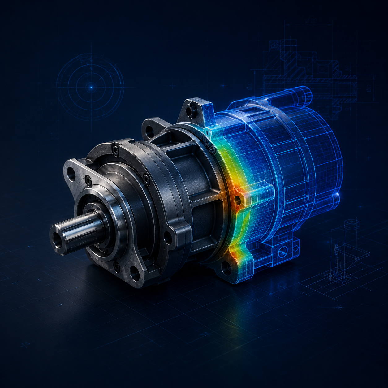 A machined gearbox transitioning into an FEA stress simulation over a CAD blueprint — SYNA Engineering's design-to-validation workflow